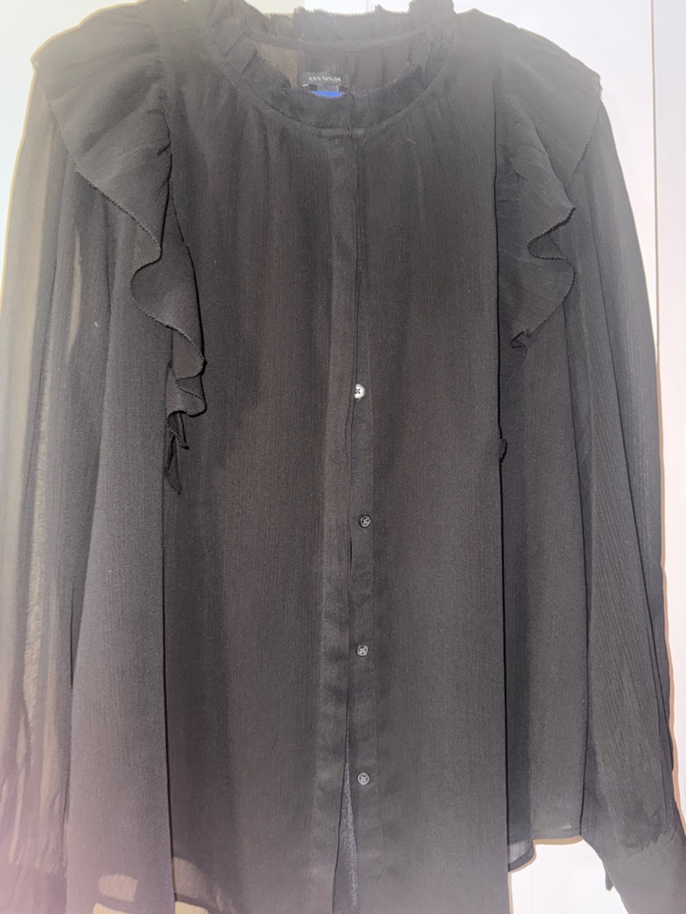 Ann Taylor Black Ruffle-Trim Semi-Sheer Blouse